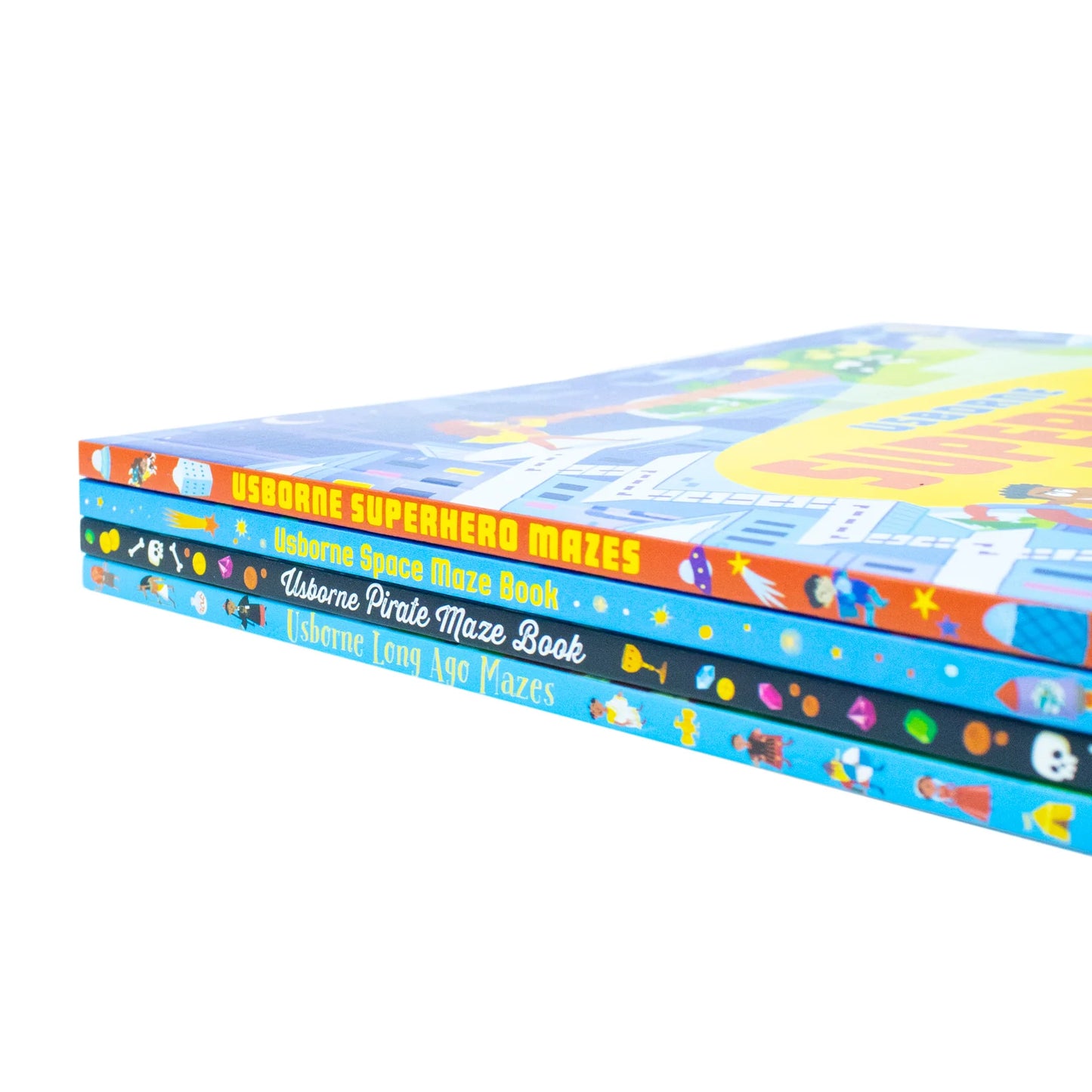 Usborne Maze Series – 4 Book Collection Set: Superhero, Pirate, Space & Long Ago Mazes - By Sam Smith & Kirsteen Robson