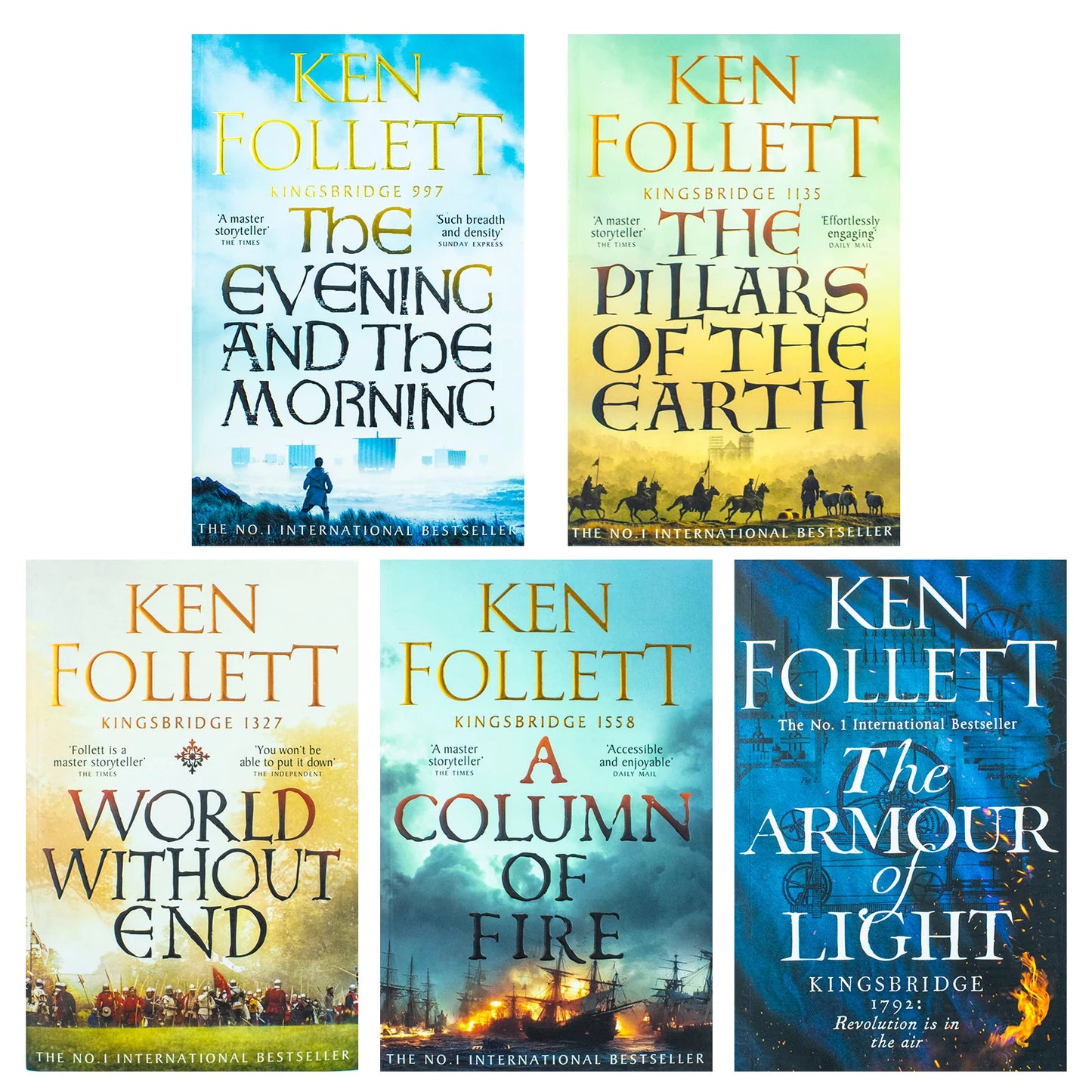 Kingsbridge Novels – 5 Book Collection Set: The Pillars of the Earth, World Without End, A Column of Fire, The Evening and the Morning & The Armour of Light - By Ken Follett