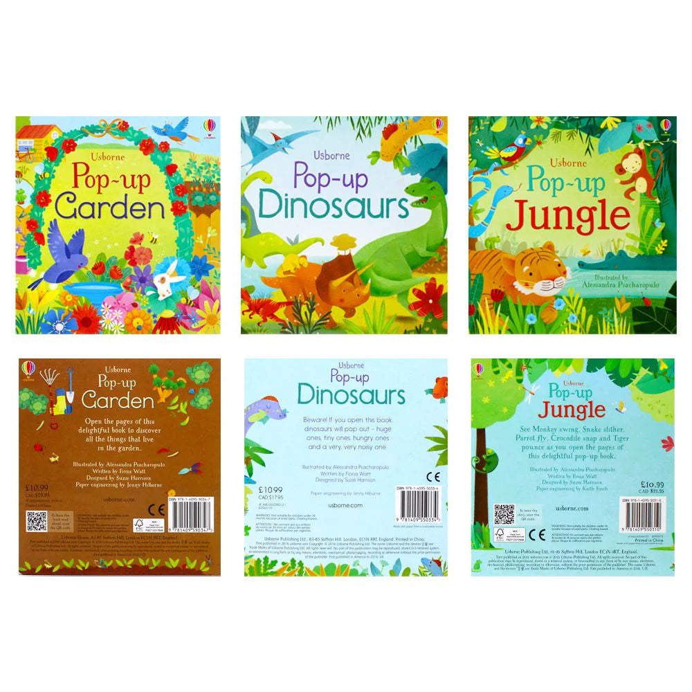 Usborne - Pop Up 3 Books Set Collection - by Fiona Watts - Jungle, Garden, Dinosaurs...