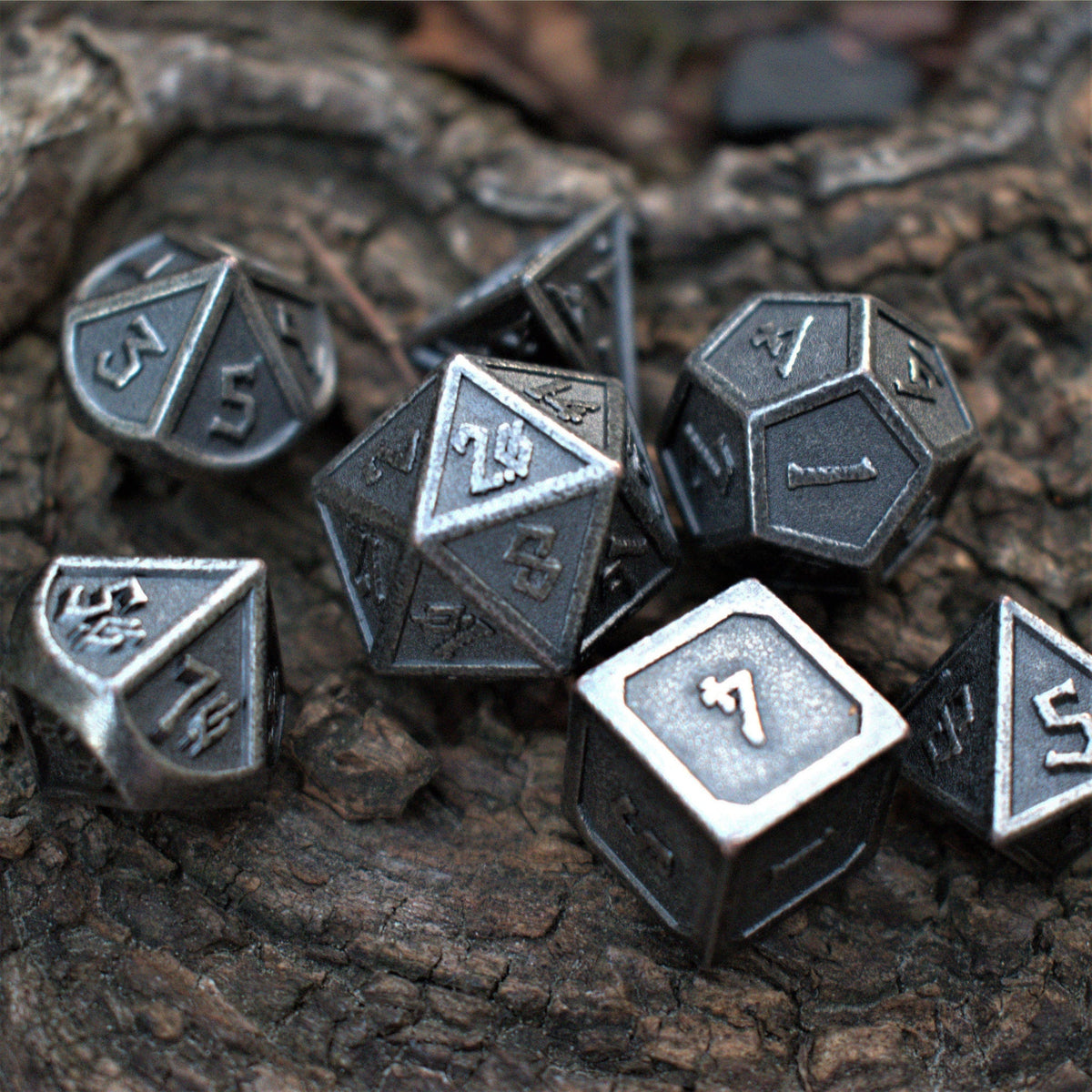 PRE-ORDER || Elder Runes Battle-Worn Silver Metal Dice Set
