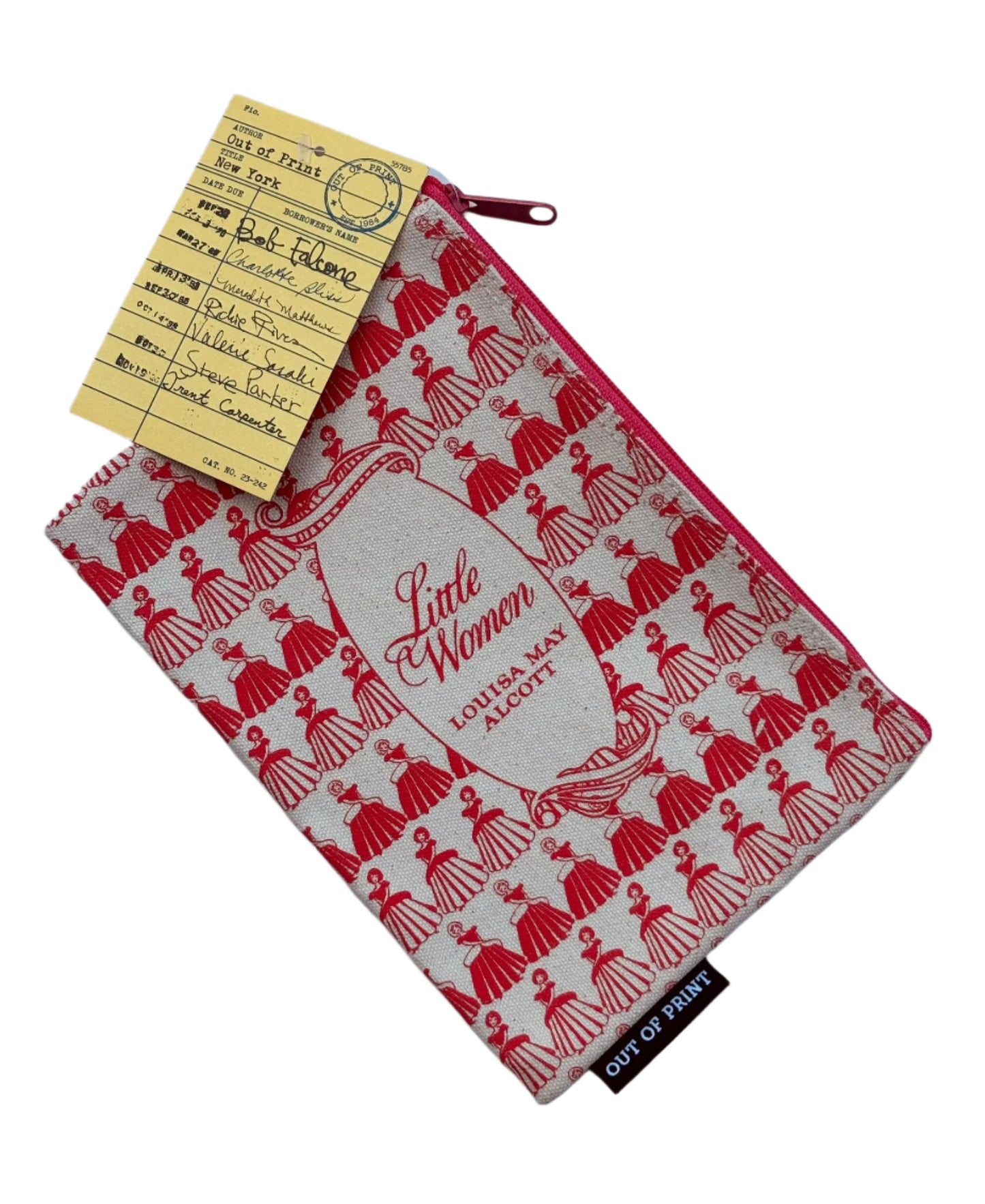 Red and white patterned pouch with 'Little Women' design and a yellow card on a white background