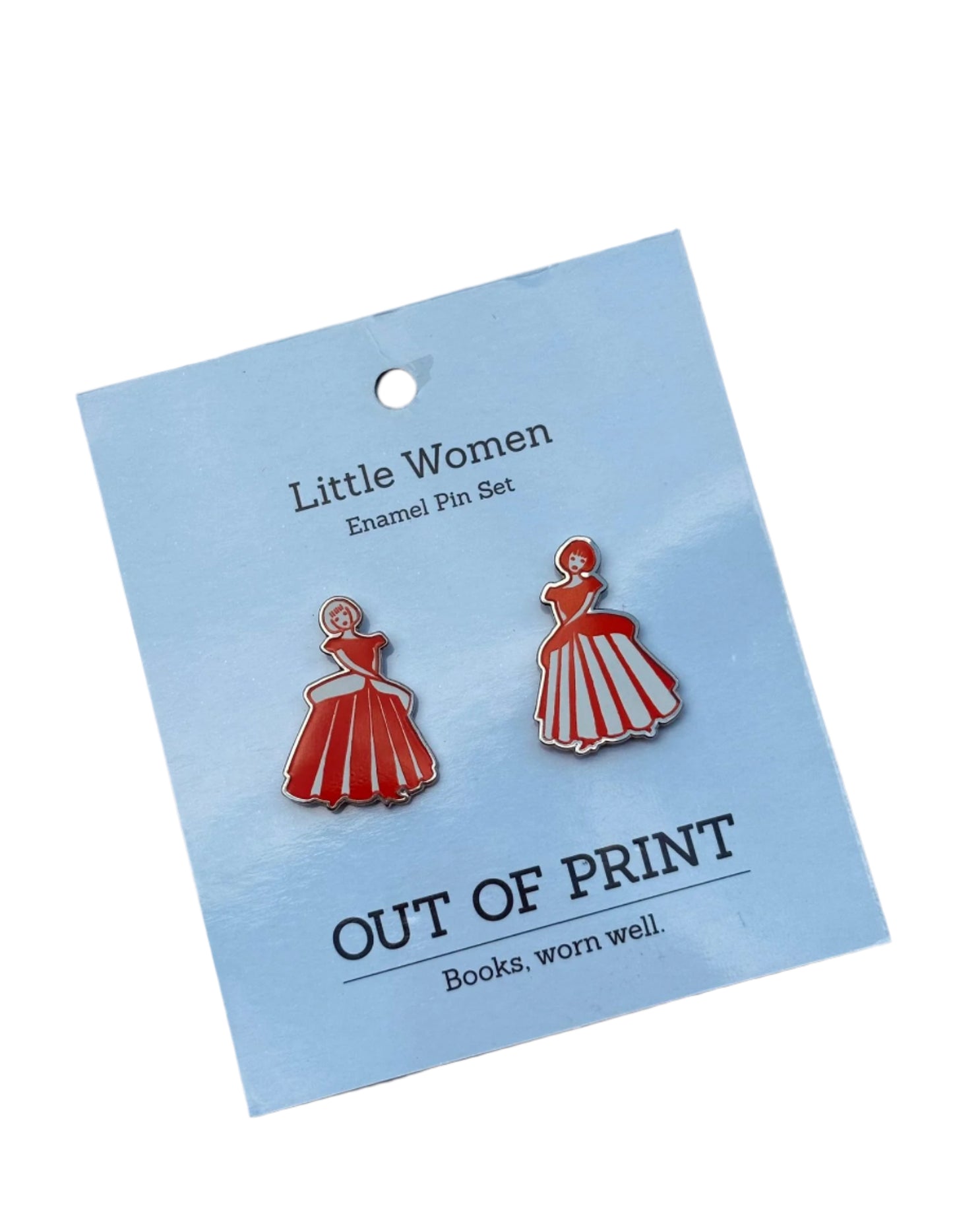 Red dress earrings on a 'Little Women' themed card with 'Out of Print' branding.