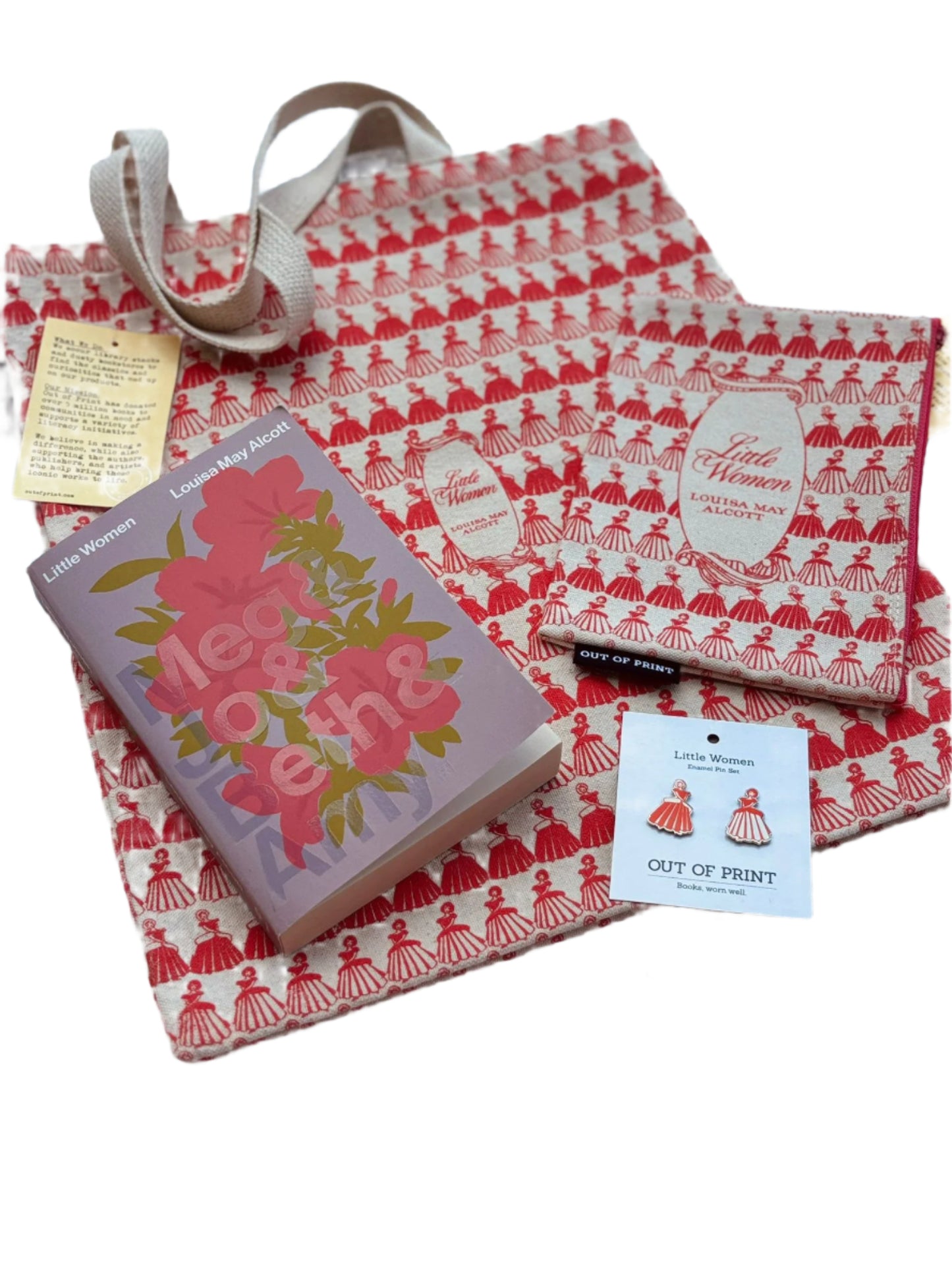 Book titled 'Let Us Dream' with a red and white patterned cover, surrounded by matching fabric and packaging on a light blue background.
