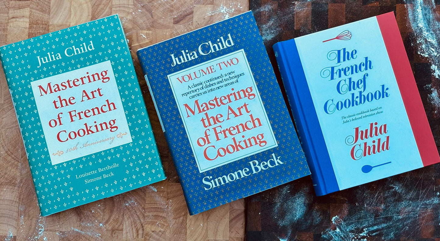 Julia Childs in three Harcover Books: The French Chef Cookbook, Mastering the Art Of Frecnh Cooking Volumes One and Two. Three Beautiful Enormous Books!