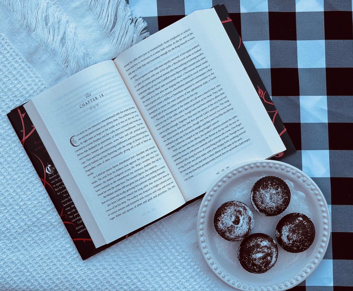 Open book next to a plate of cookies on a checkered tablecloth