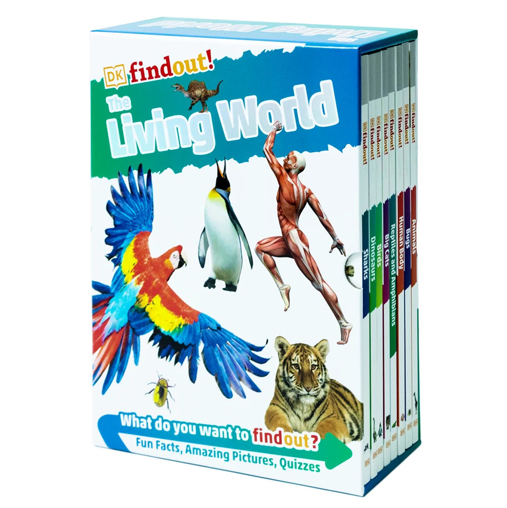 DK Findout! The Living World – 8 Book Box Set: Animals, Bugs, Human Body, Reptiles, Big Cats, Birds, Dinosaurs & Sharks - DK