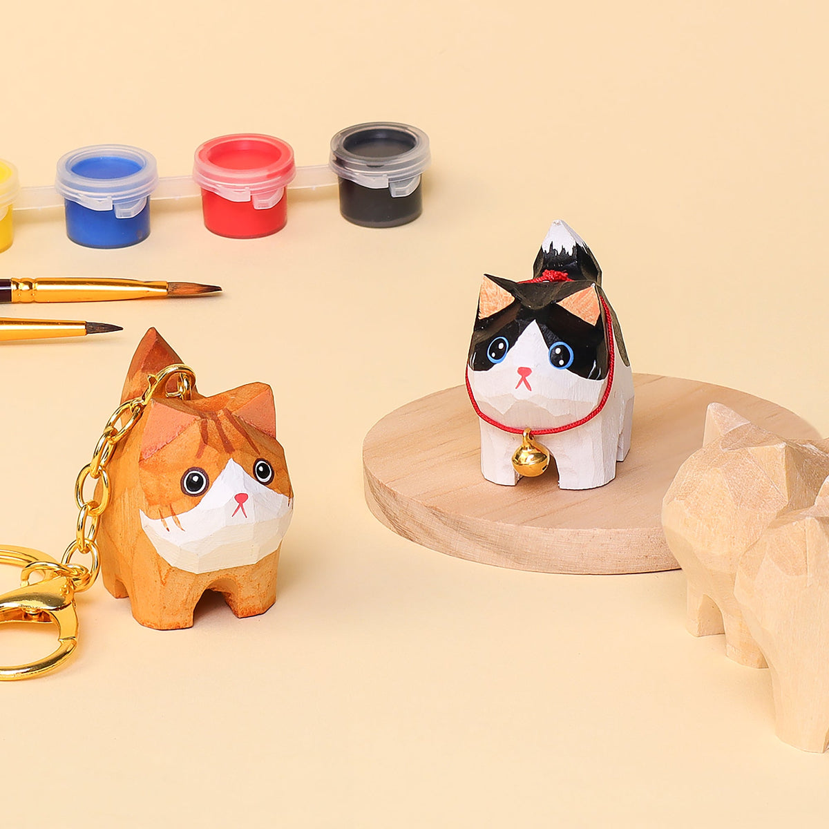 Hand-Carved Cat Painting Kit – Paint Two Cats, Create a Keychain