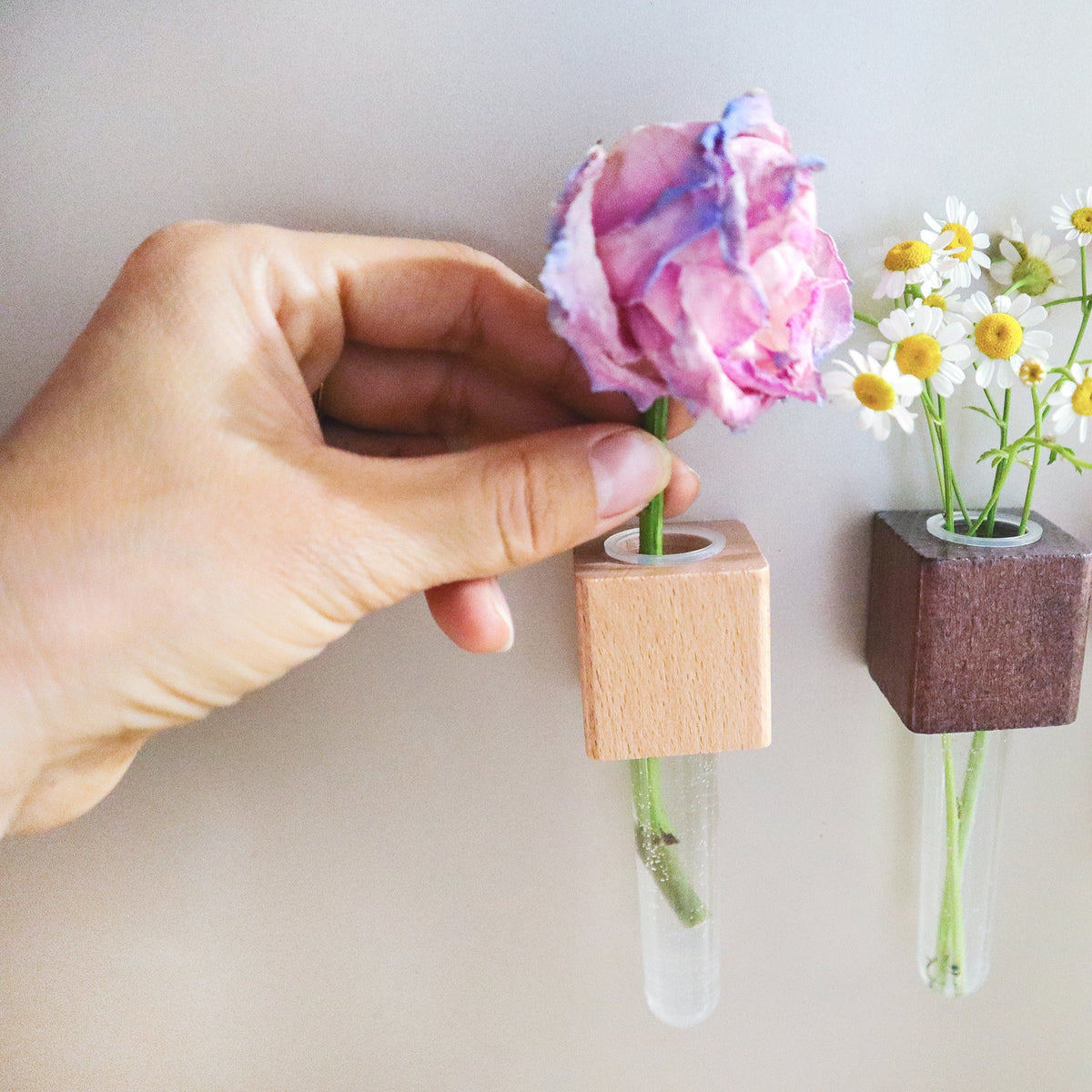 Mini Vase Magnets – Set of 2 – Beech & Walnut Wood – Decorative Fridge Magnets for Small Flowers or Greenery