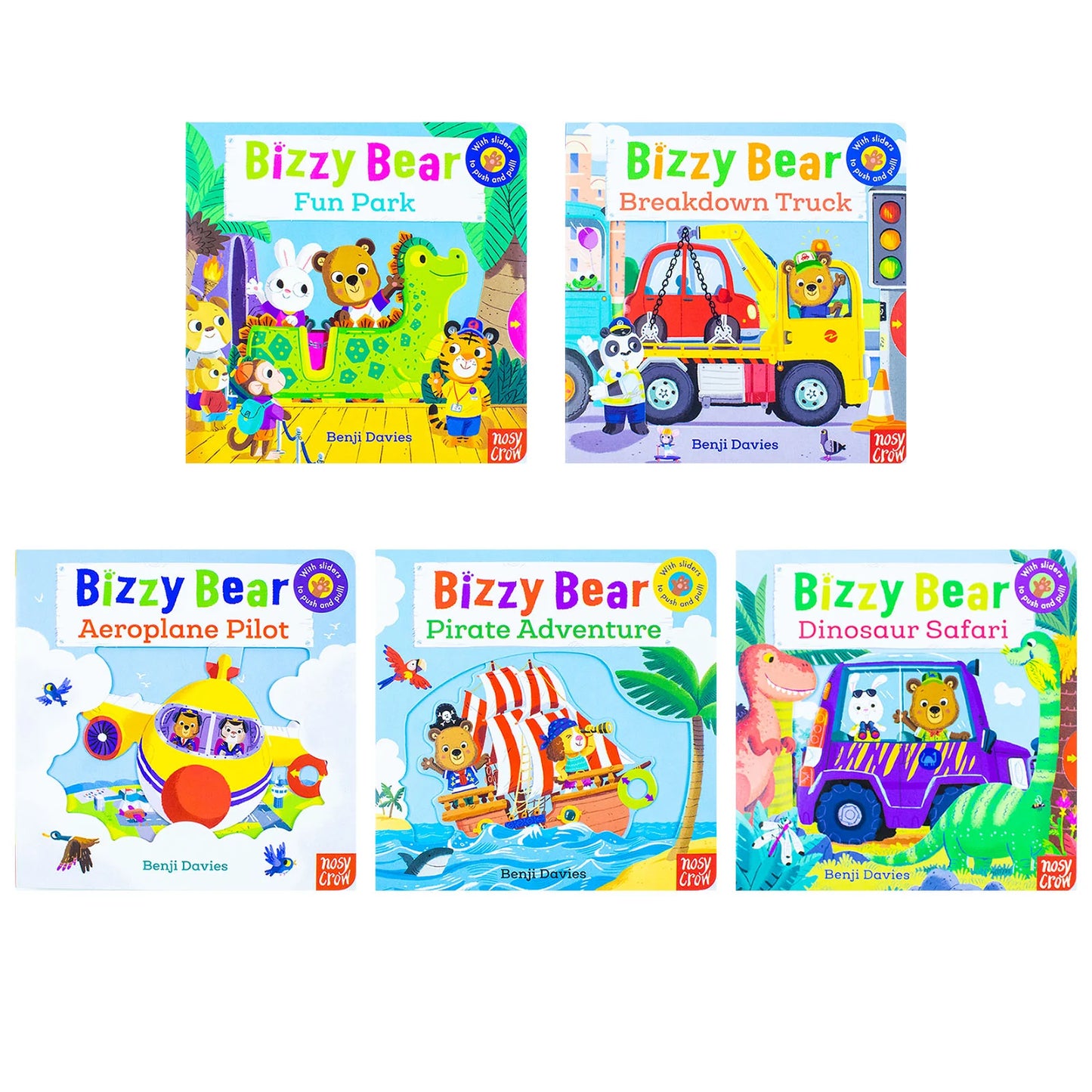 Bizzy Bear – 5 Book Collection Set: Fun Park, Breakdown Truck, Aeroplane Pilot, Pirate Adventure & Dinosaur Safari - By Benji Davies - Interactive Children's Books