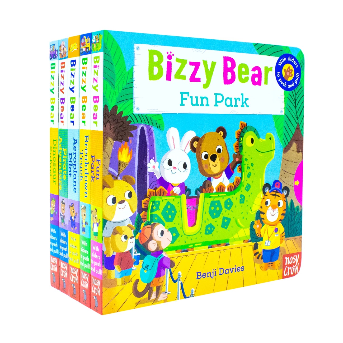 Bizzy Bear – 5 Book Collection Set: Fun Park, Breakdown Truck, Aeroplane Pilot, Pirate Adventure & Dinosaur Safari - By Benji Davies - Interactive Children's Books