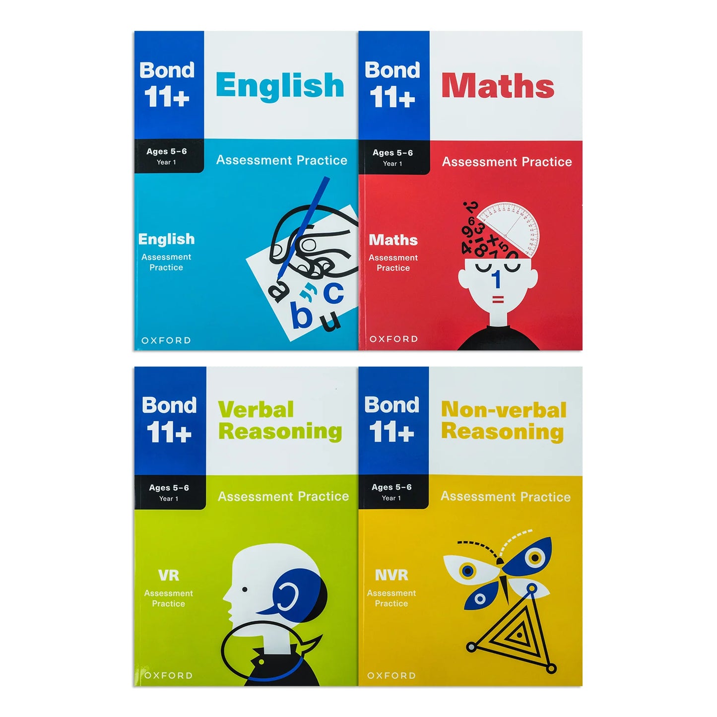 Bond 11+ Assessment Practice – 4 Book Collection Set for Ages 5–6: English, Maths, Verbal Reasoning & Non-Verbal Reasoning - Oxford University Press