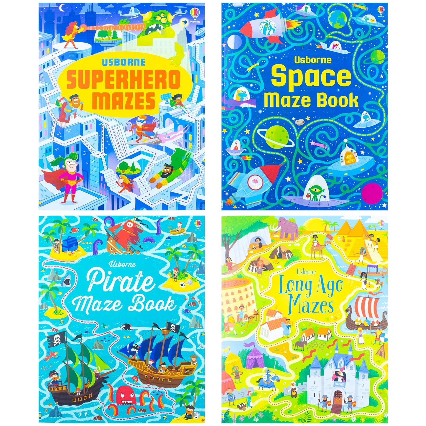 Usborne Maze Series – 4 Book Collection Set: Superhero, Pirate, Space & Long Ago Mazes - By Sam Smith & Kirsteen Robson