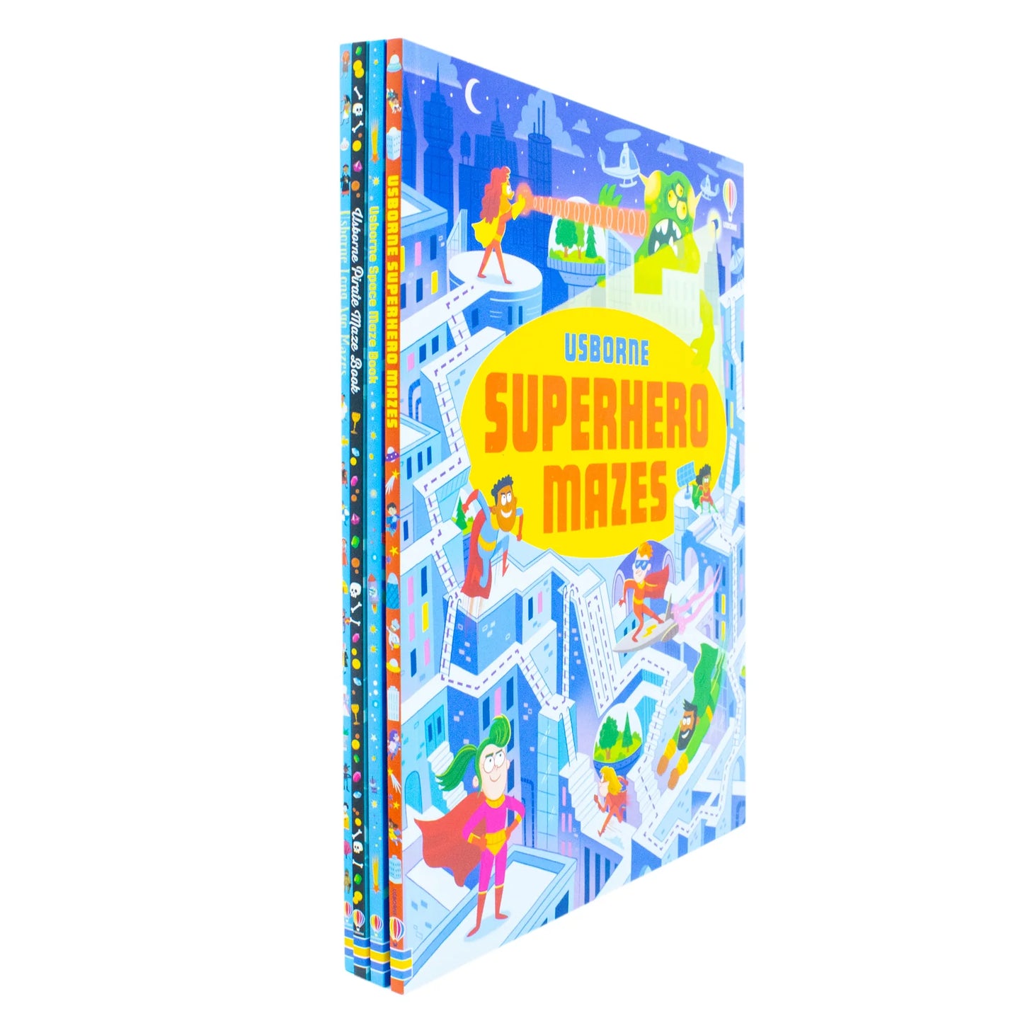 Usborne Maze Series – 4 Book Collection Set: Superhero, Pirate, Space & Long Ago Mazes - By Sam Smith & Kirsteen Robson