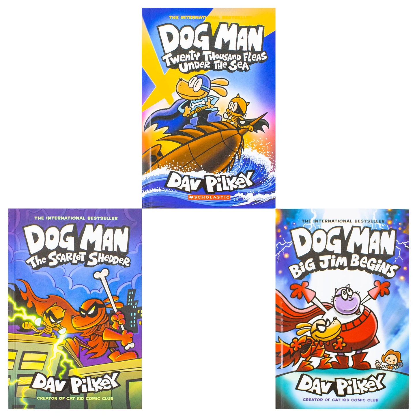 Dog Man Series Books 11–13 – 3 Book Collection Set: Twenty Thousand Fleas Under the Sea, The Scarlet Shedder & Big Jim Begins - By Dav Pilkey
