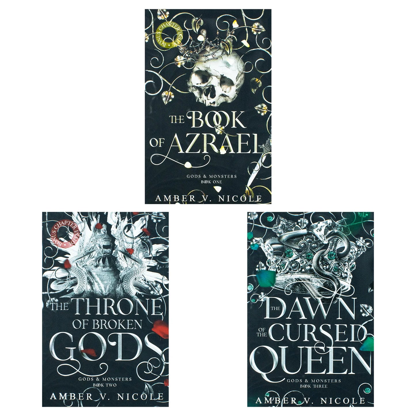 Gods & Monsters Series – Complete 3 Book Collection: The Book of Azrael, The Throne of Broken Gods & The Dawn of the Cursed Queen - By Amber V. Nicole - Paperback