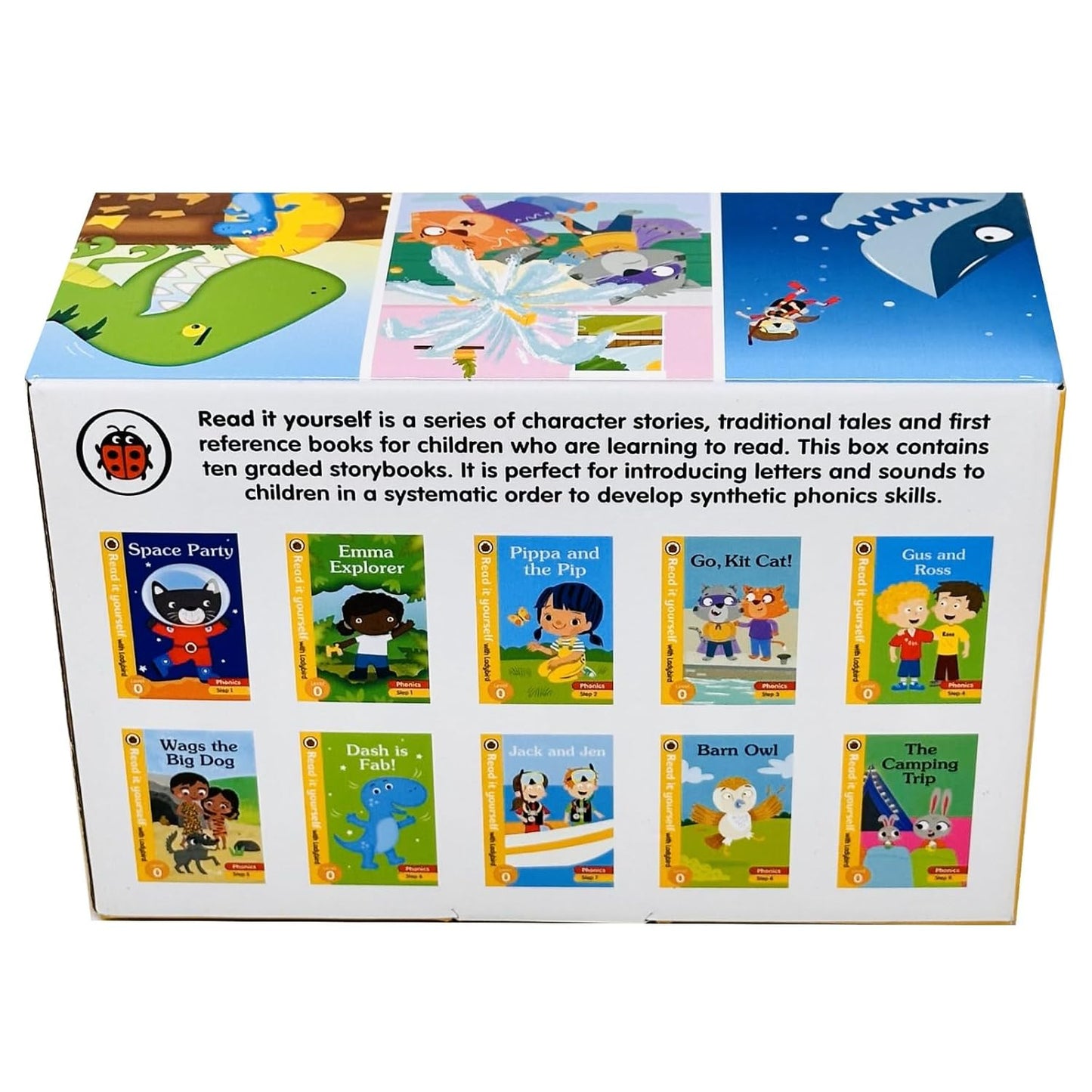 Ladybird Read it Yourself Tuck Box Level 0: 10 Books Box Set (Space Party,Emma Explorer,Pippa and the Pip, Go Kit Cat,Gus and Ross,Wags the Big Dog,Dash is Fab,Jack and Jen,Barn Owl & Camping Trip)