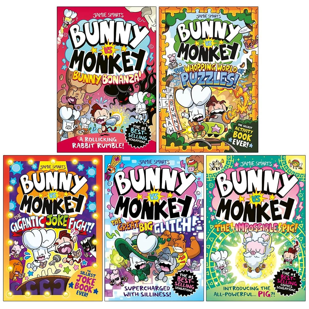 Bunny vs Monkey Set 2 – 5 Book Collection: Bunny Bonanza, The Whopping World of Puzzles, The Gigantic Joke Fight, The Great Big Glitch & The Impossible Pig - By Jamie Smart