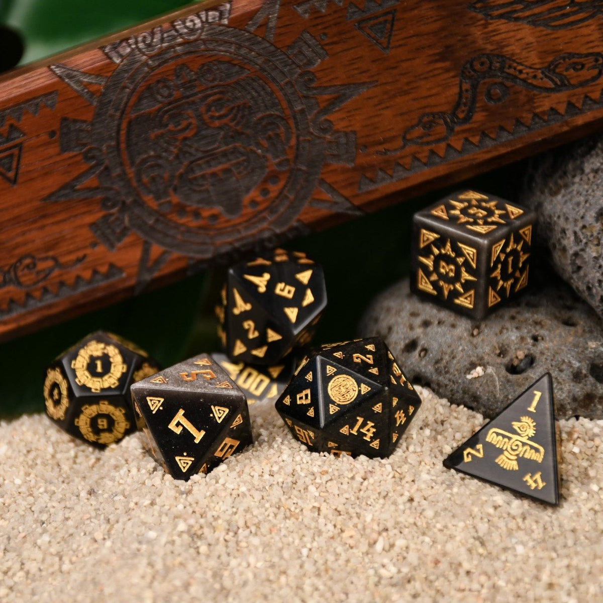 Pre-Order || Aztec Silver Sheen Obsidian Stone Dice Set - Dice Around the World Collection