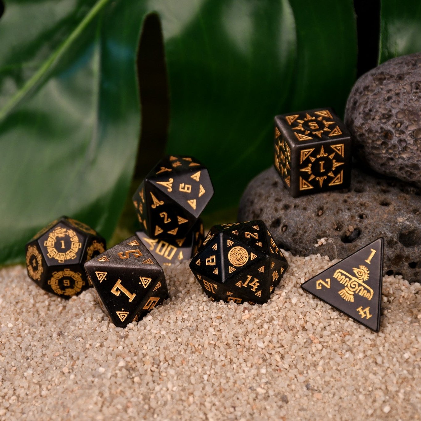 Pre-Order || Aztec Silver Sheen Obsidian Stone Dice Set - Dice Around the World Collection