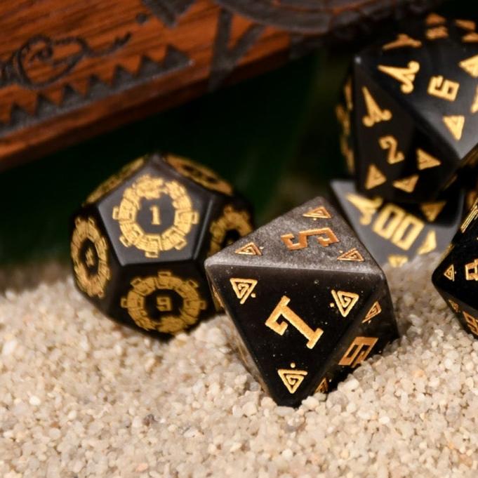 Pre-Order || Aztec Silver Sheen Obsidian Stone Dice Set - Dice Around the World Collection