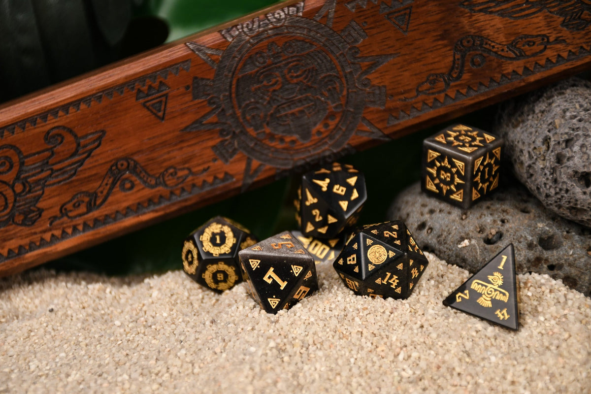 Pre-Order || Aztec Silver Sheen Obsidian Stone Dice Set - Dice Around the World Collection