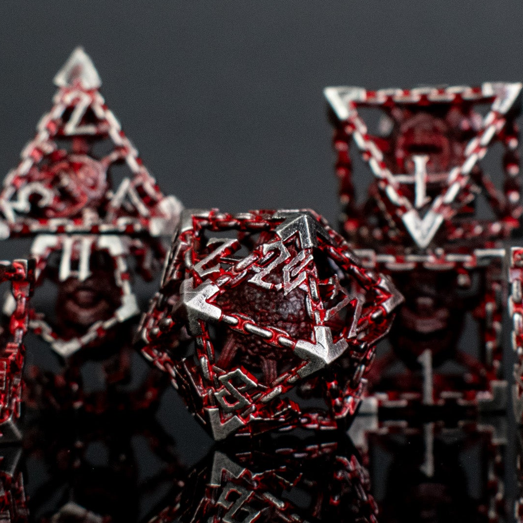 Pre-Order|| Beholder's Gates Hollow Metal Dice Set - Bloodied Silver
