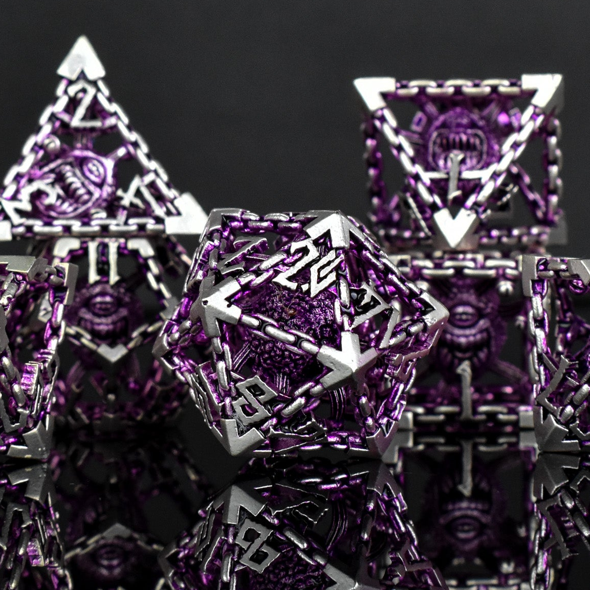 Pre-Order|| Beholder's Gates Hollow Metal Dice Set - Purple and Silver