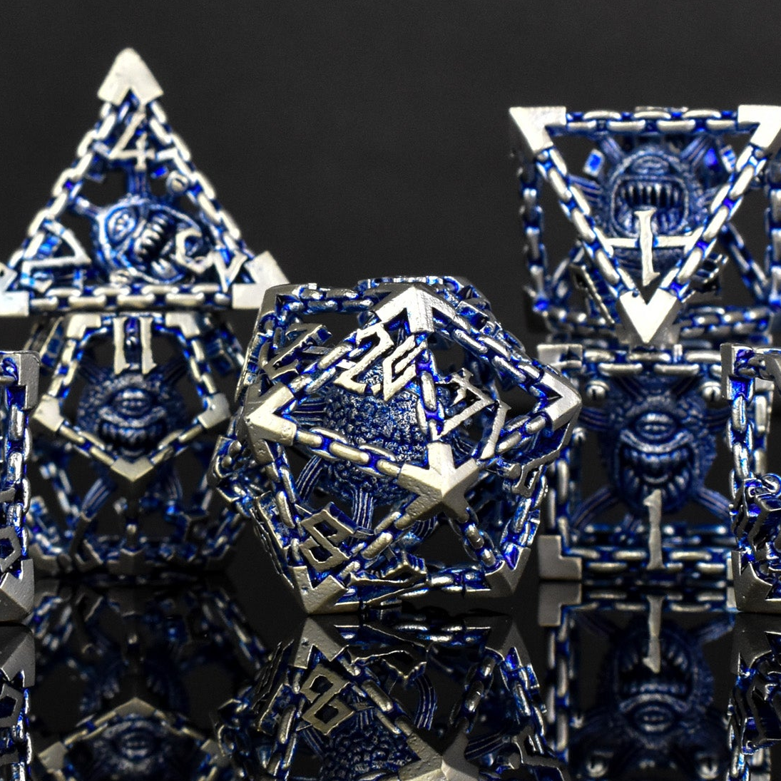 Pre-Order|| Beholder's Gates Hollow Metal Dice Set - Blue and Silver