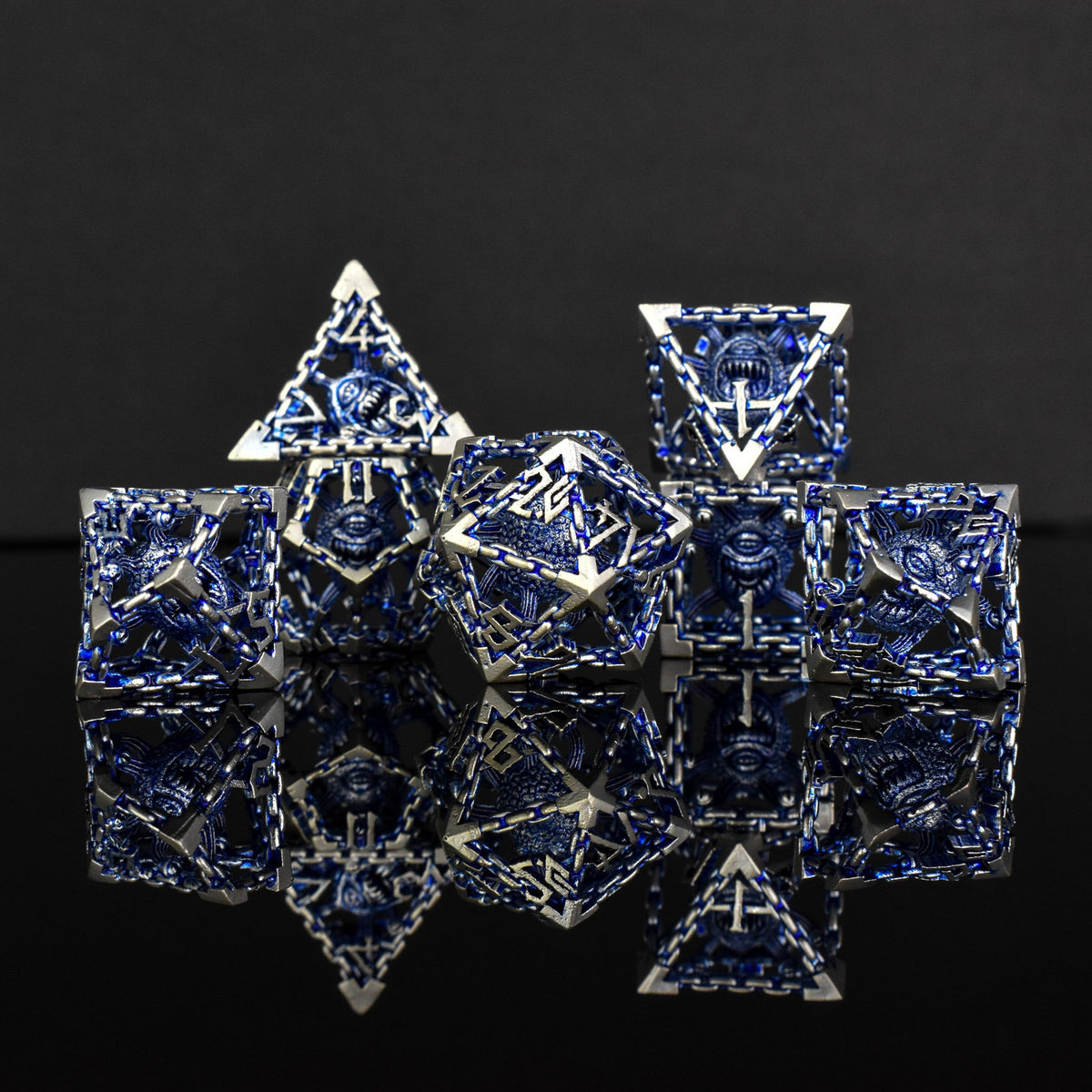 Pre-Order|| Beholder's Gates Hollow Metal Dice Set - Blue and Silver