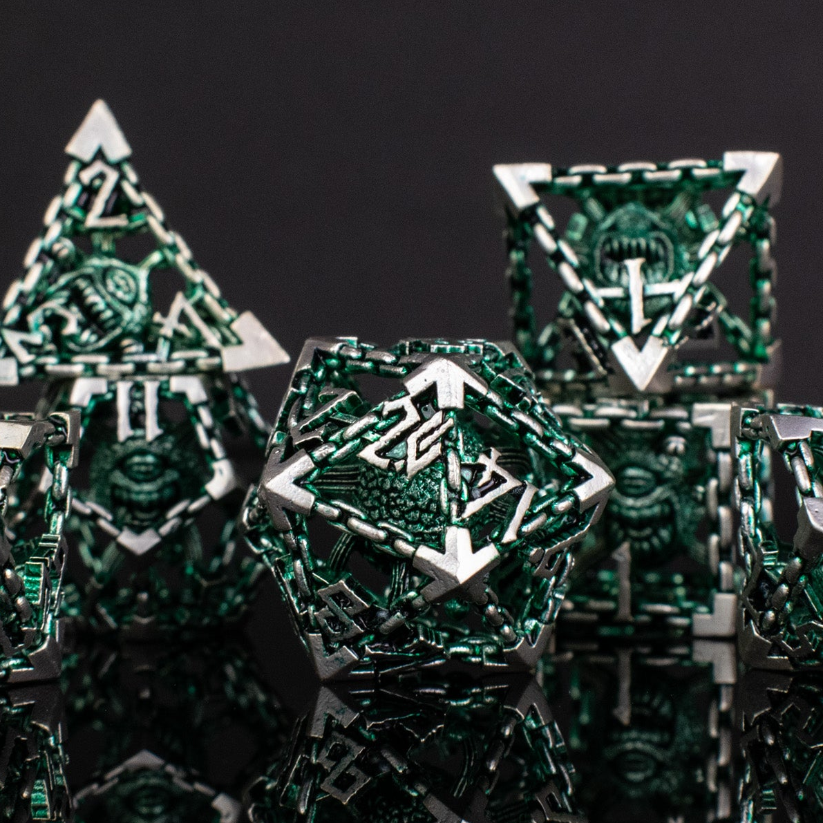Pre-Order|| Beholder's Gates Hollow Metal Dice Set - Green and Silver