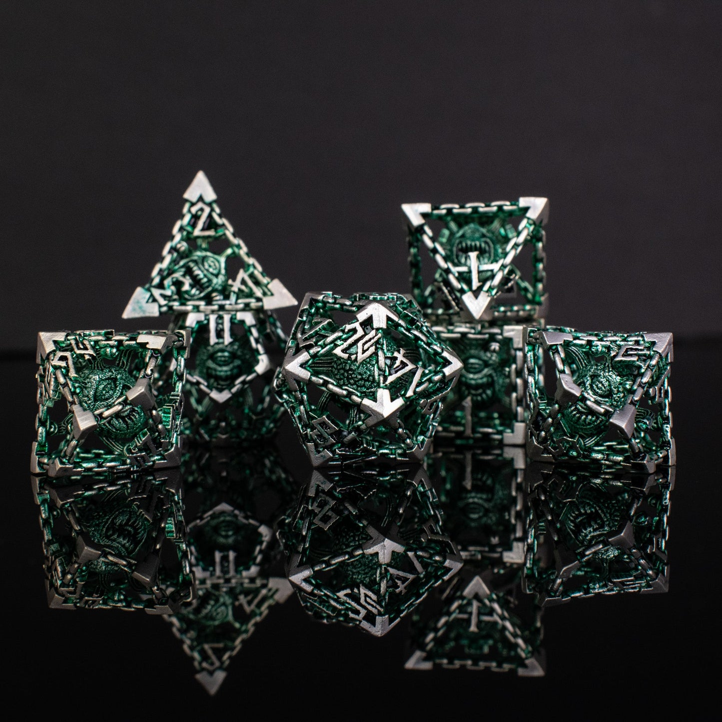 Pre-Order|| Beholder's Gates Hollow Metal Dice Set - Green and Silver