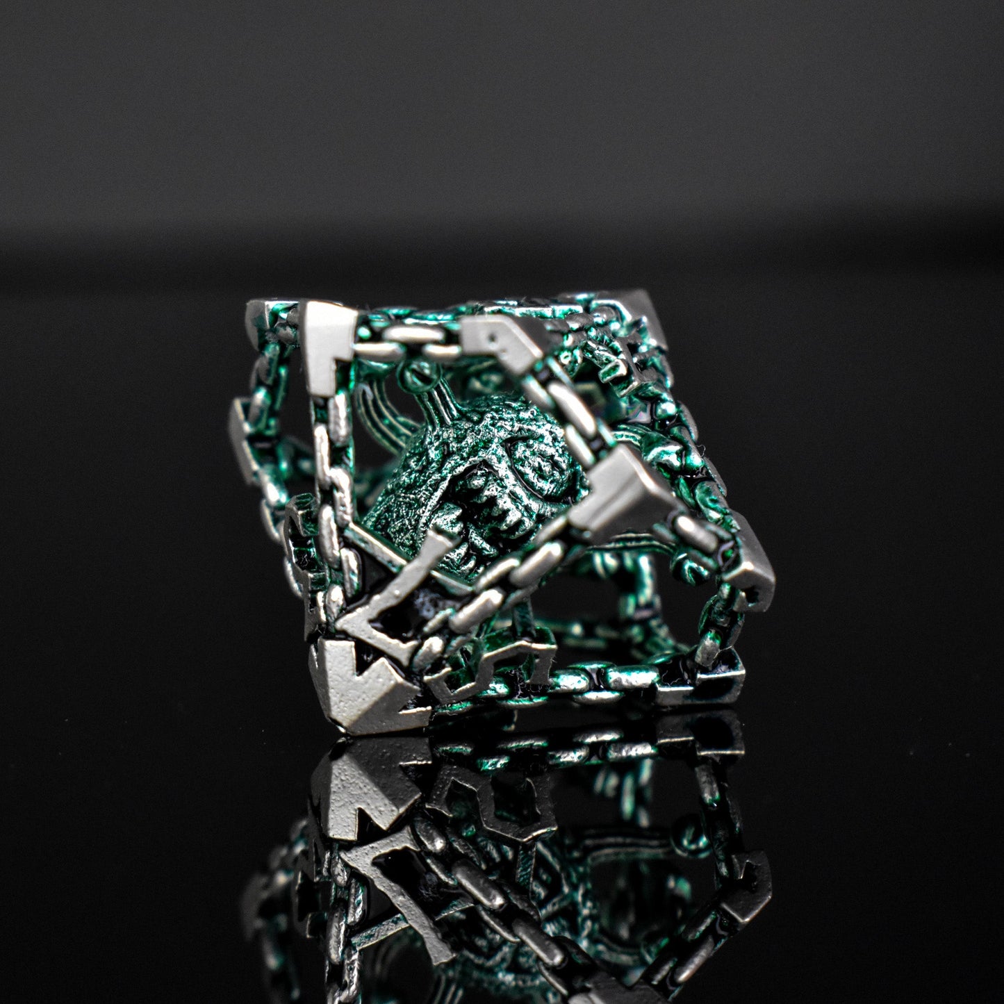Pre-Order|| Beholder's Gates Hollow Metal Dice Set - Green and Silver