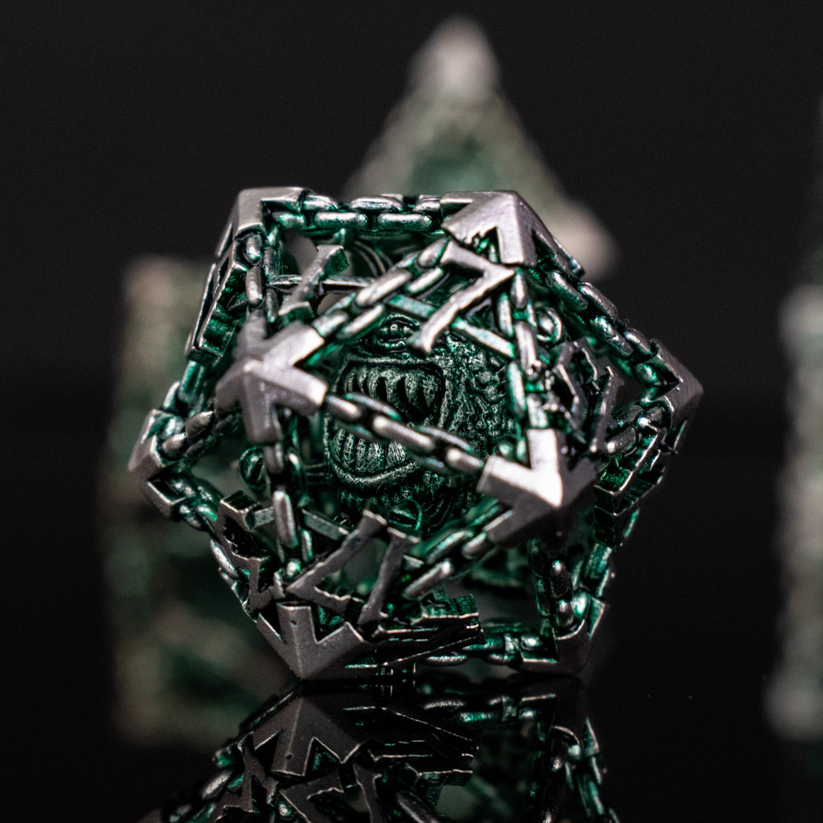 Pre-Order|| Beholder's Gates Hollow Metal Dice Set - Green and Silver