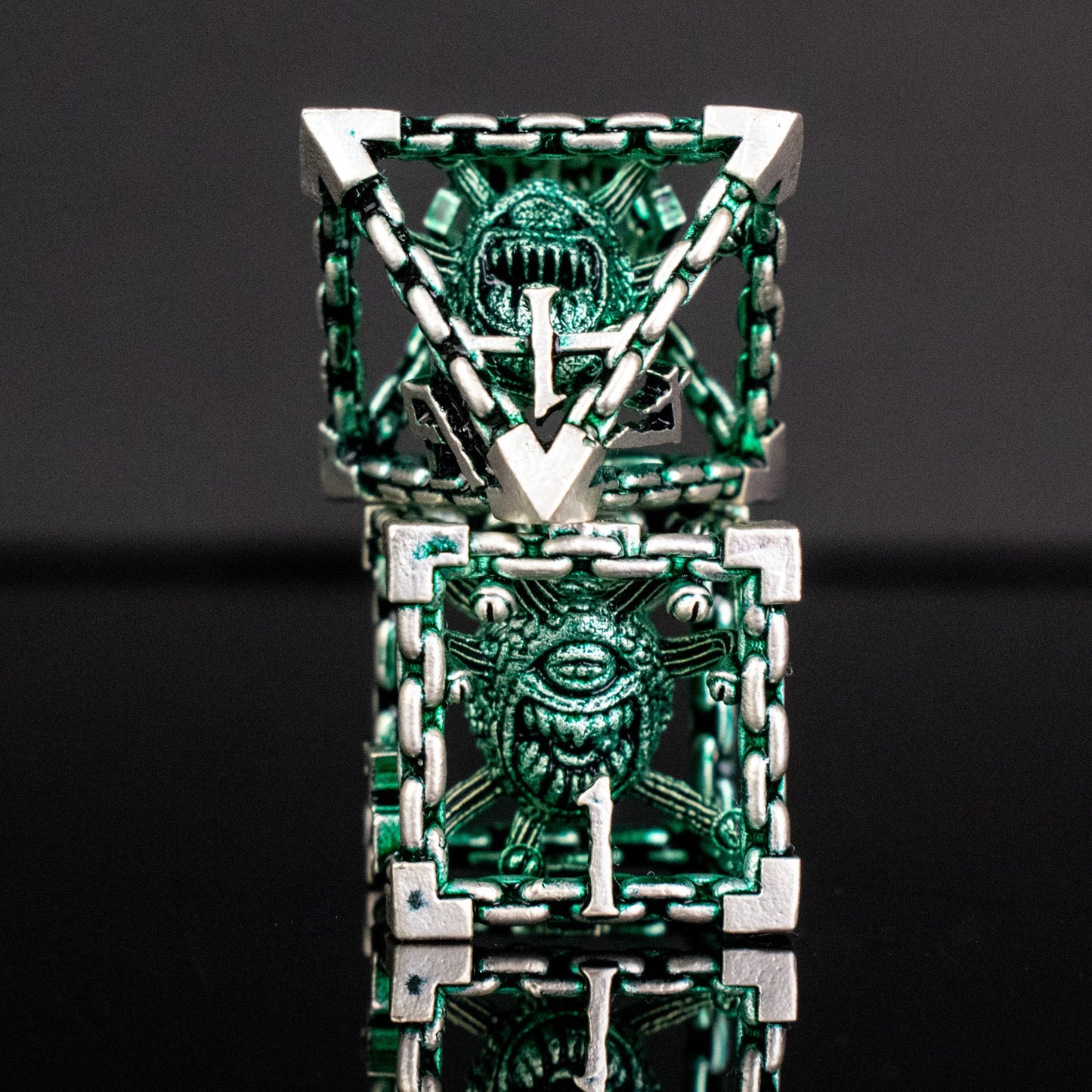Pre-Order|| Beholder's Gates Hollow Metal Dice Set - Green and Silver