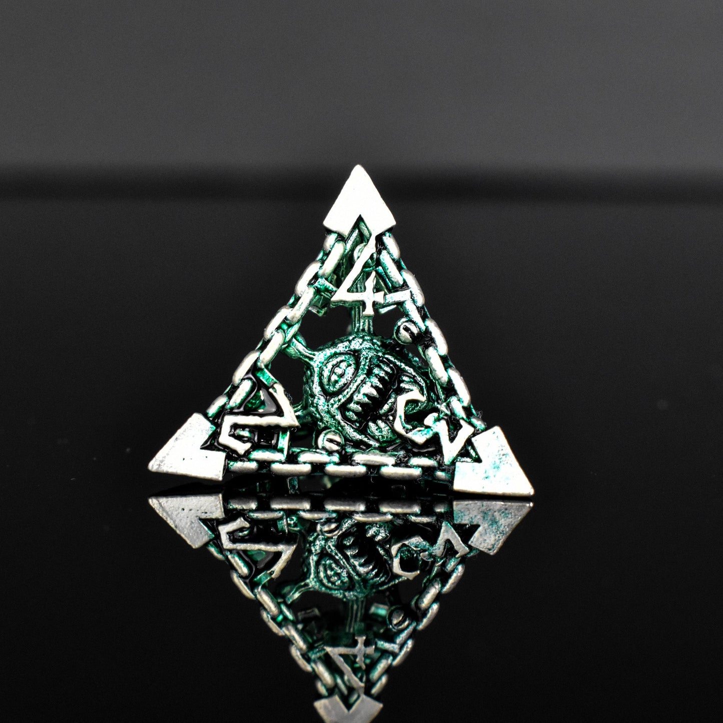 Pre-Order|| Beholder's Gates Hollow Metal Dice Set - Green and Silver
