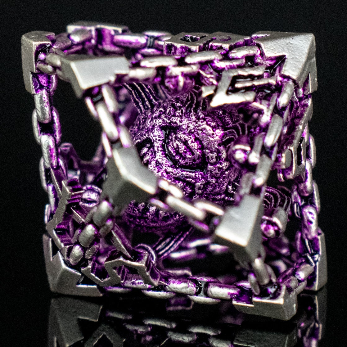 Pre-Order|| Beholder's Gates Hollow Metal Dice Set - Purple and Silver