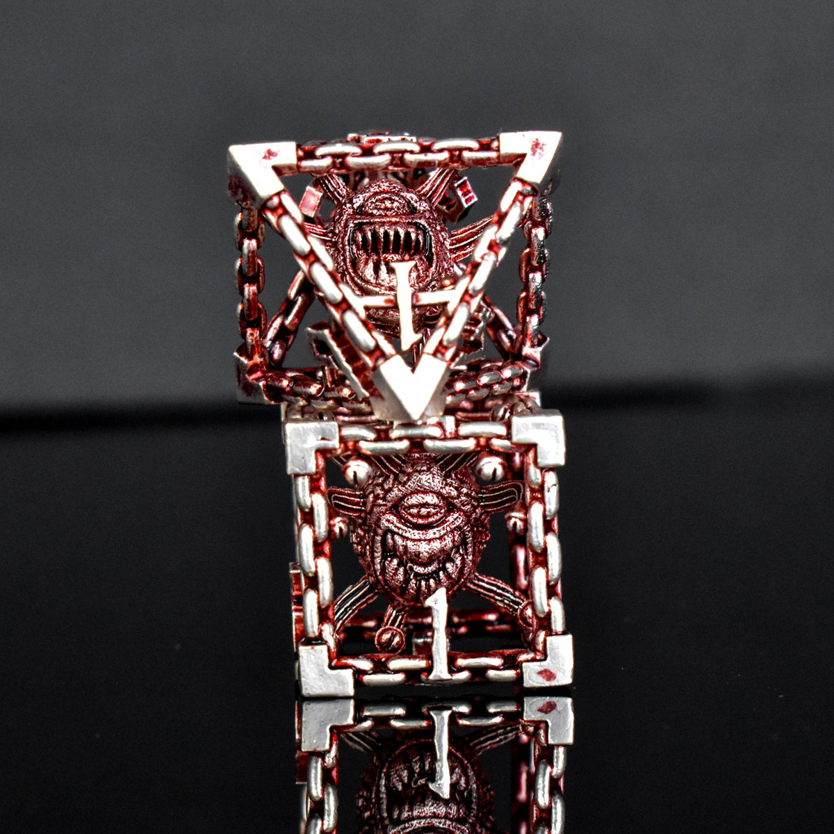Pre-Order|| Beholder's Gates Hollow Metal Dice Set - Red and Silver