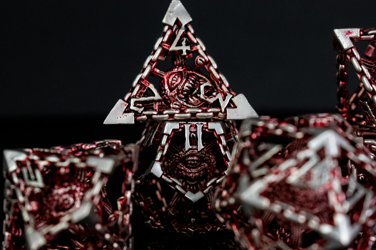 Pre-Order|| Beholder's Gates Hollow Metal Dice Set - Red and Silver