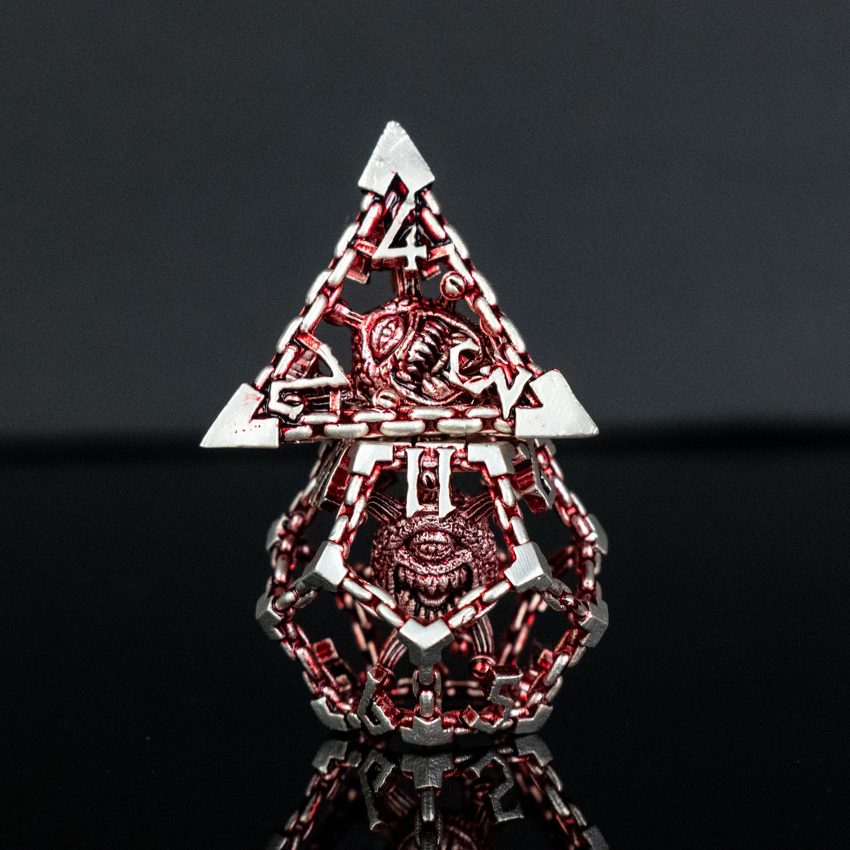 Pre-Order|| Beholder's Gates Hollow Metal Dice Set - Red and Silver