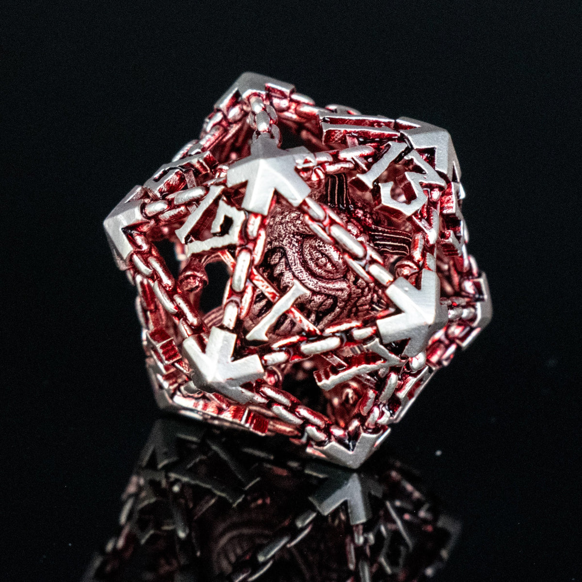 Pre-Order|| Beholder's Gates Hollow Metal Dice Set - Red and Silver