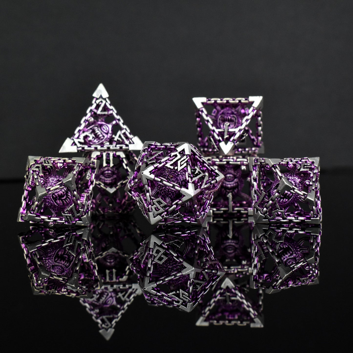 Pre-Order|| Beholder's Gates Hollow Metal Dice Set - Purple and Silver