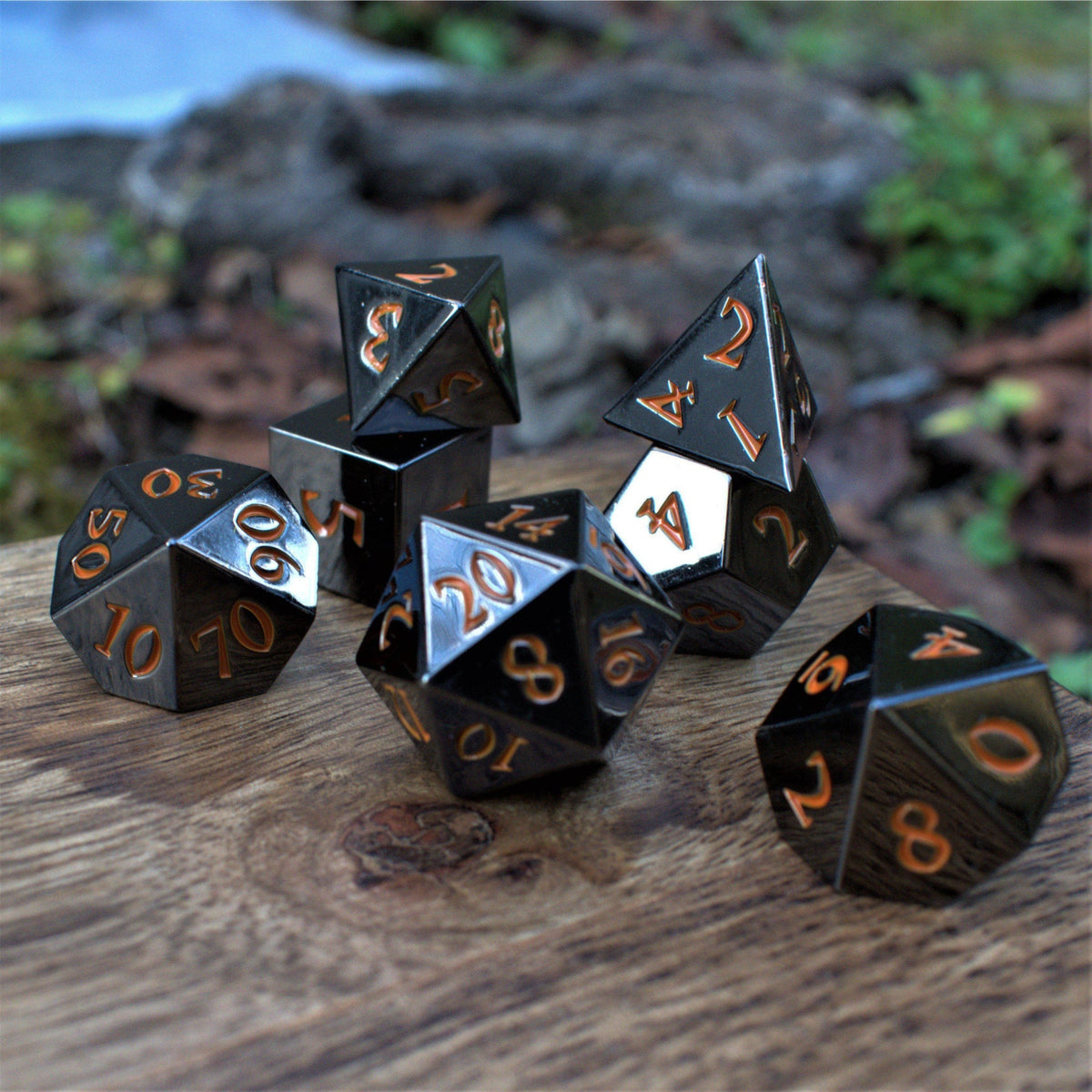 PRE-ORDER || Black and Orange Sharp-Edged Metal Dice Set