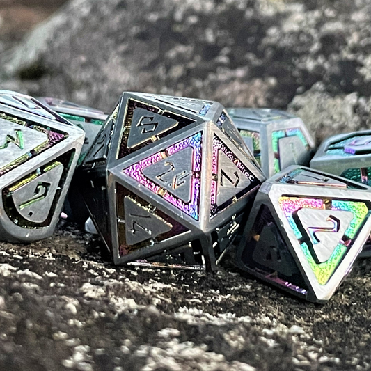PRE-ORDER || Cleric's Domain Silver Iridescent Metal Dice Set