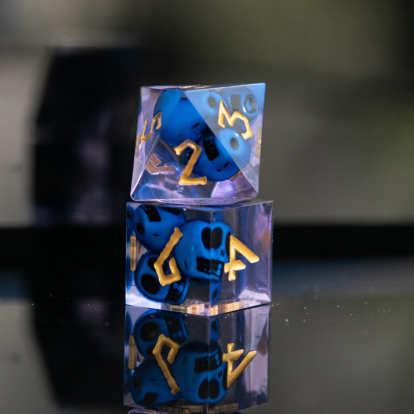 PRE-ORDER || Corpse Blue and Lavender Sharp-Edged Resin Dice Set