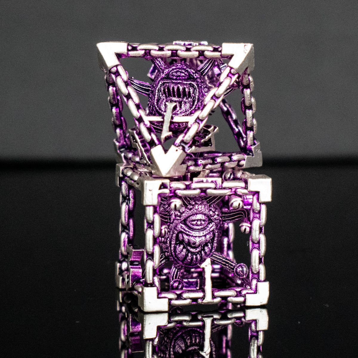 Pre-Order|| Beholder's Gates Hollow Metal Dice Set - Purple and Silver