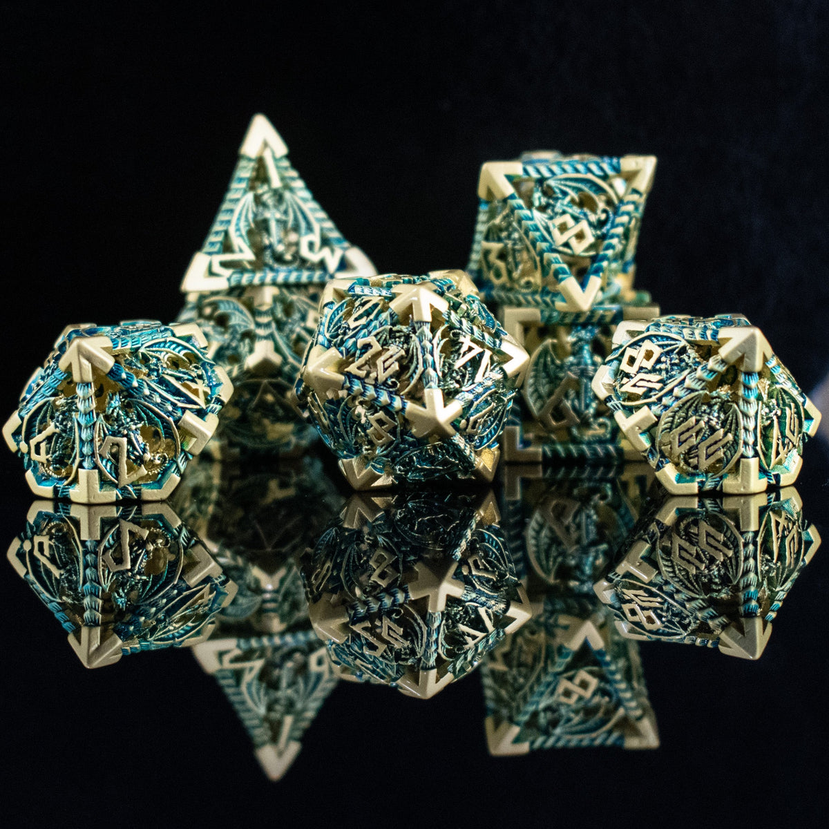 Pre-Order|| Dragonguard Hollow Metal Dice Set - Azure and Gold