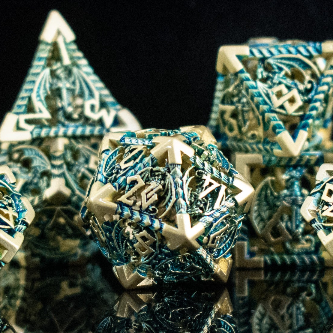 Pre-Order|| Dragonguard Hollow Metal Dice Set - Azure and Gold