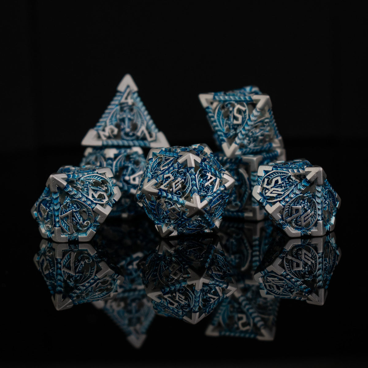 Pre-Order|| Dragonguard Hollow Metal Dice Set - Azure and Silver