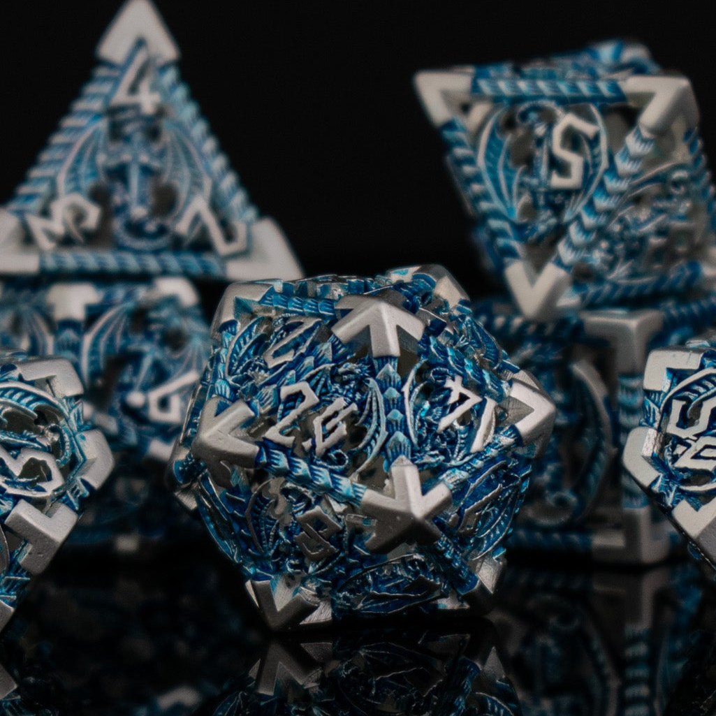 Pre-Order|| Dragonguard Hollow Metal Dice Set - Azure and Silver