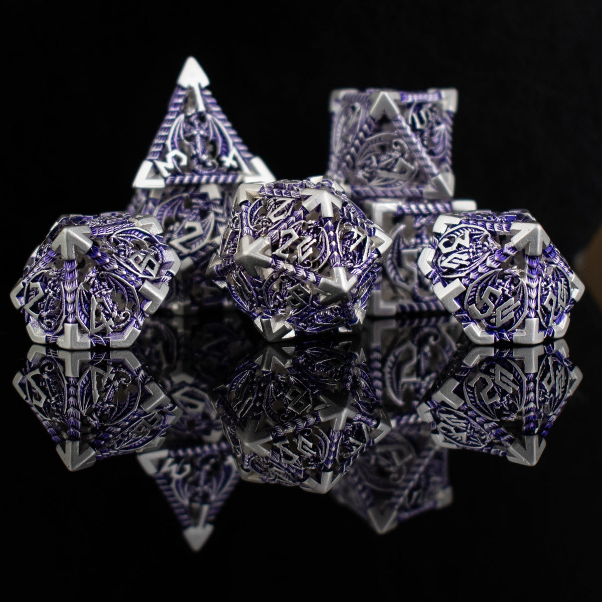 Pre-Order|| Dragonguard Hollow Metal Dice Set - Purple and Silver